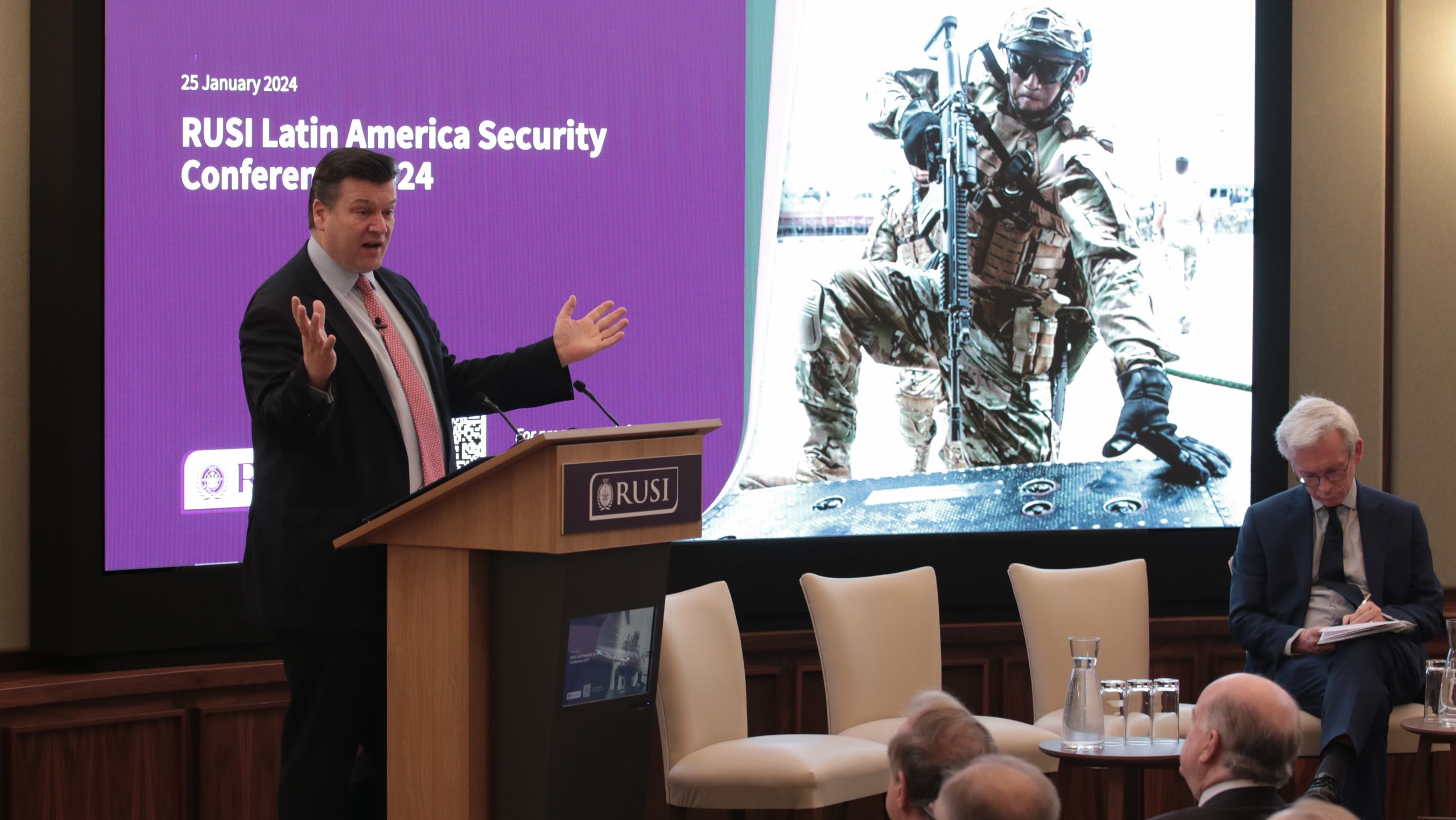 UK Minister for the Armed Forces James Heappey MP delivers the keynote address at the Latin American Security Conference on 25 January 2024